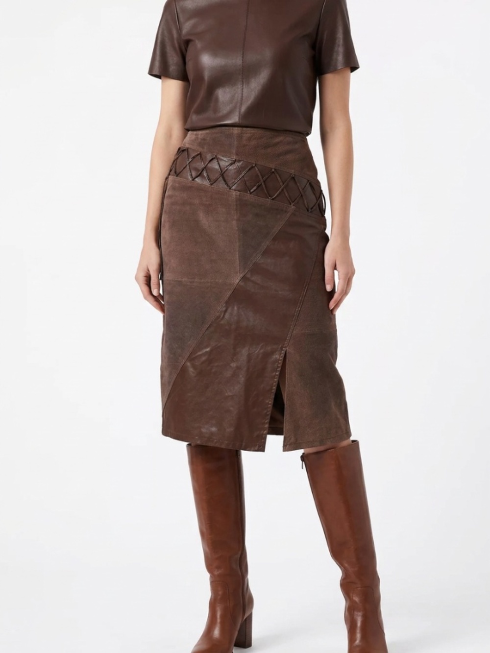 NEUTRAL ZONE • Vintage Genuine Leather Patchwork Lattice Midi Skirt L
